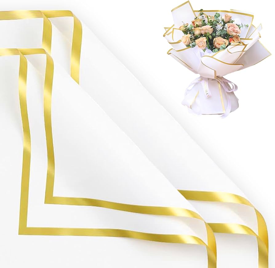 White Gold Trim Floral Paper